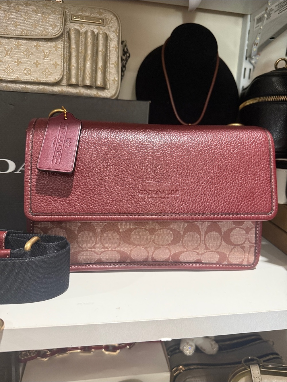 Coach Crossbody Bag in Burgundy and Tan Signature Canvas